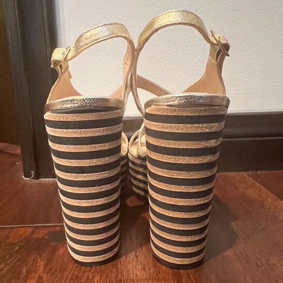 GIAMPAOLO VIOZZI CRISSCROSS WEDGE PLATFORMS, SIZE EUR 39/US 8, GOLD/BLACK/BEIGE - Picture 6 of 8